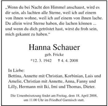 Traueranzeige von Hanna Schauer von MERKUR & TZ