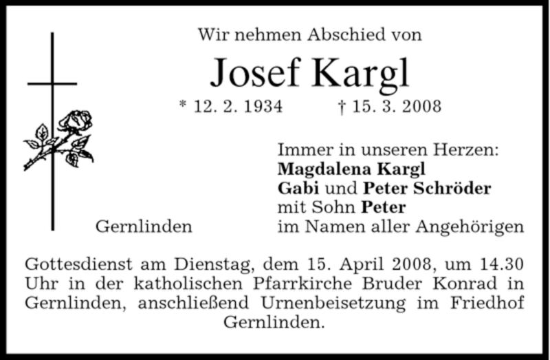  Traueranzeige für Josef Kargl vom 11.04.2008 aus MERKUR & TZ