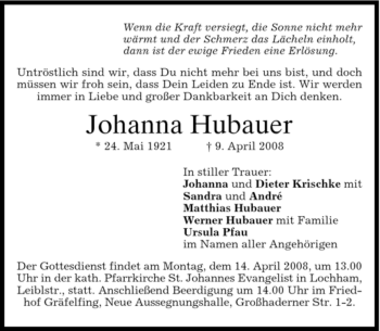 Traueranzeige von Johanna Hubauer von DORFENER NACHRICHTEN