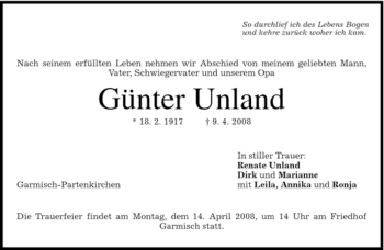 Traueranzeige von Günter Unland von MERKUR & TZ