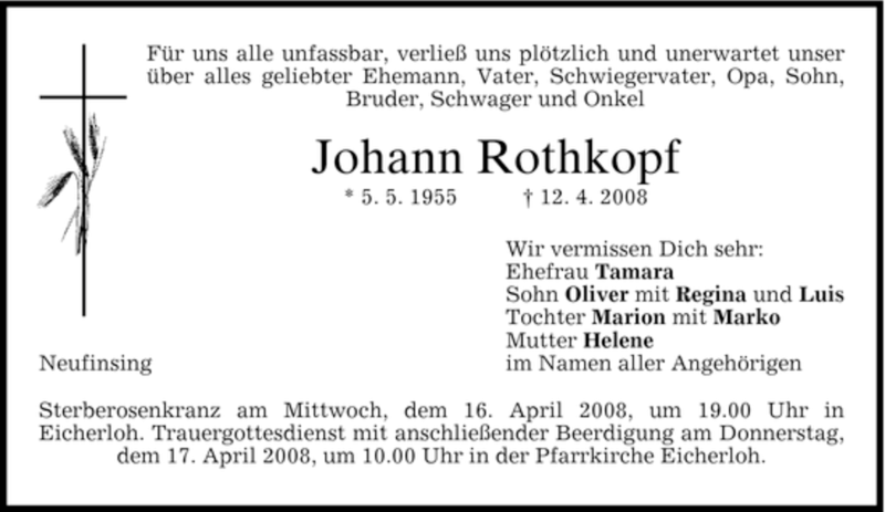  Traueranzeige für Johann Rothkopf vom 15.04.2008 aus DORFENER NACHRICHTEN