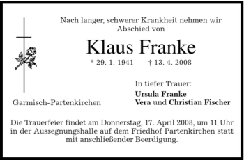 Traueranzeige von Klaus Franke von MERKUR & TZ