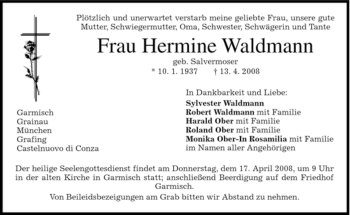 Traueranzeige von Hermine Waldmann von MERKUR & TZ
