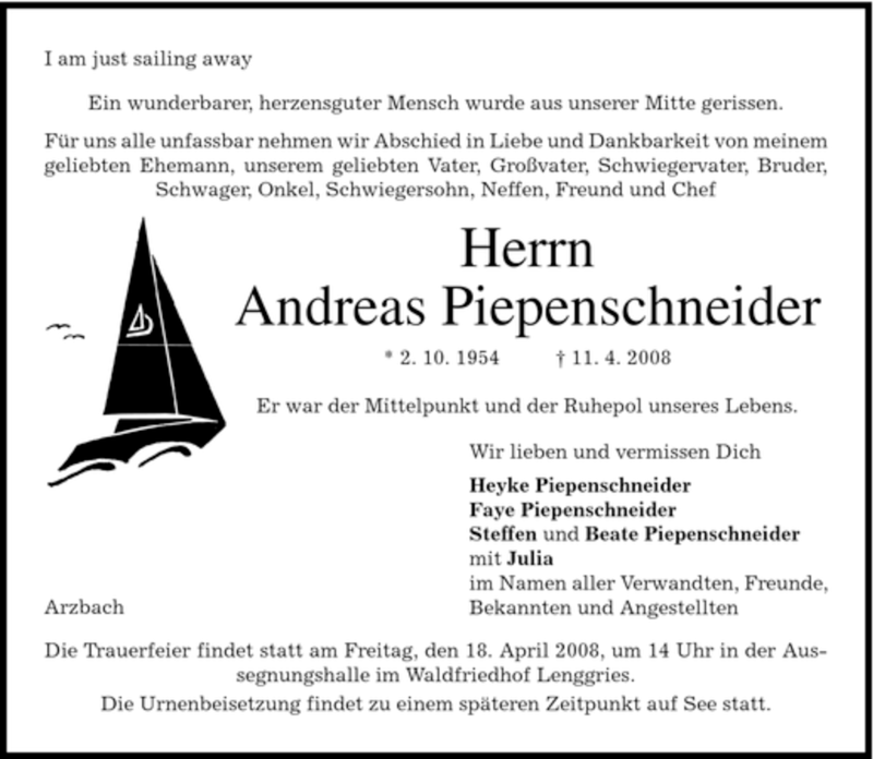  Traueranzeige für Andreas Piepenschneider vom 16.04.2008 aus MERKUR & TZ