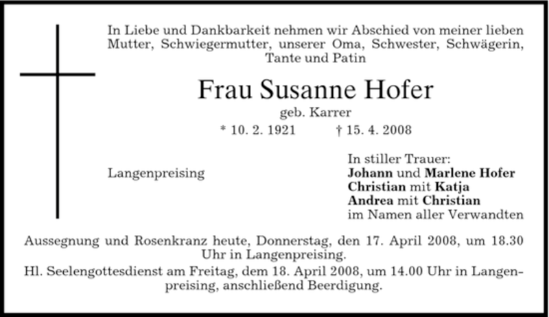  Traueranzeige für Susanne Hofer vom 17.04.2008 aus MERKUR & TZ