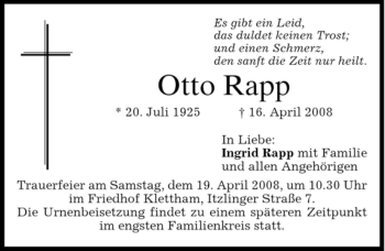 Traueranzeige von Otto Rapp von MERKUR & TZ