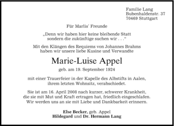 Traueranzeige von Marie-Luise Appel von MERKUR & TZ