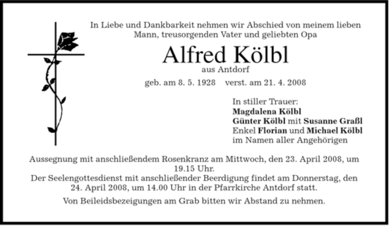  Traueranzeige für Alfred Kölbl vom 22.04.2008 aus MERKUR & TZ