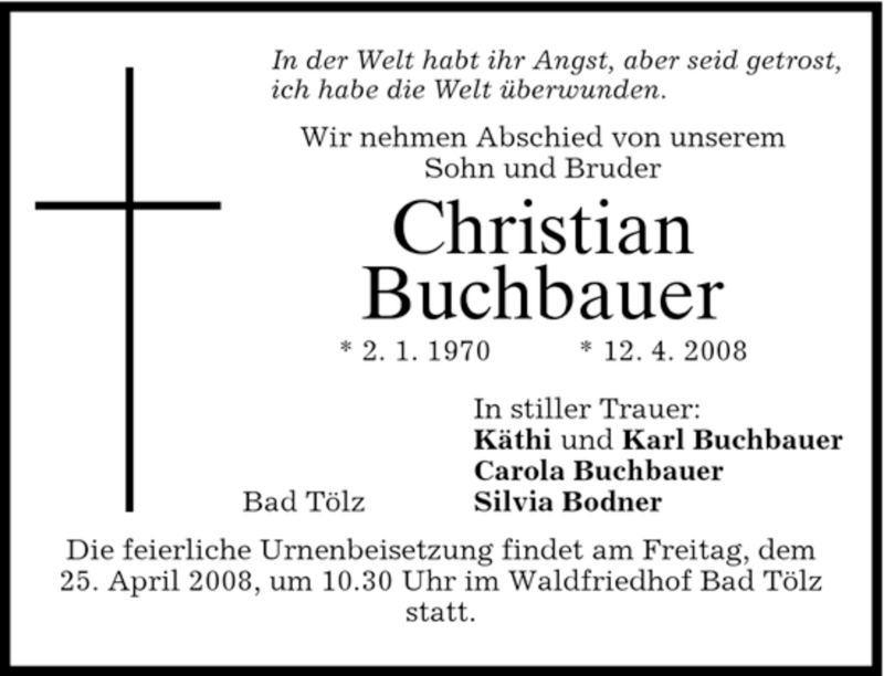 Traueranzeige für Christian Buchbauer vom 23.04.2008 aus MERKUR & TZ
