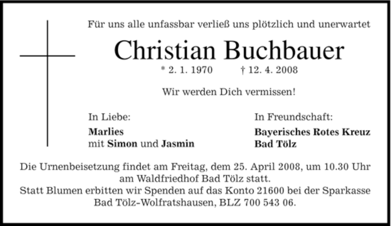  Traueranzeige für Christian Buchbauer vom 22.04.2008 aus MERKUR & TZ