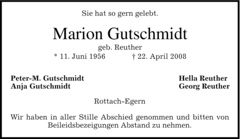  Traueranzeige für Marion Gutschmidt vom 23.04.2008 aus MERKUR & TZ