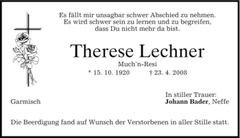 Traueranzeige von Therese Lechner von MERKUR & TZ