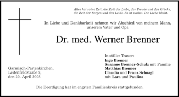 Traueranzeige von Werner Brenner von MERKUR & TZ