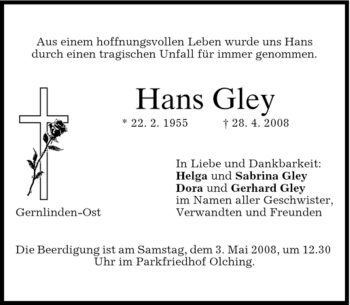Traueranzeige von Hans Gley von MERKUR & TZ