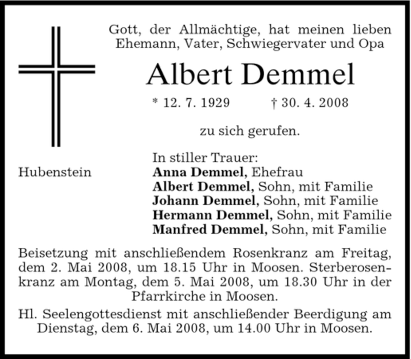 Traueranzeigen von Albert Demmel | trauer.merkur.de