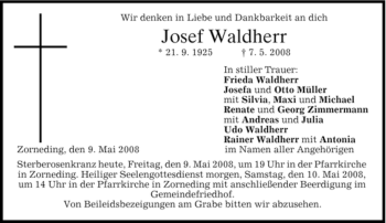 Traueranzeige von Josef Waldherr von GARMISCH-PARTENK. TAGBLATT