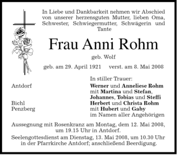 Traueranzeige von Anni Rohm von MERKUR & TZ