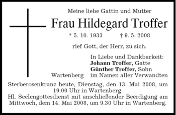 Traueranzeige von Hildegard Troffer von MERKUR & TZ