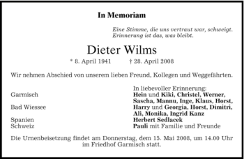 Traueranzeige von Dieter Wilms von MERKUR & TZ