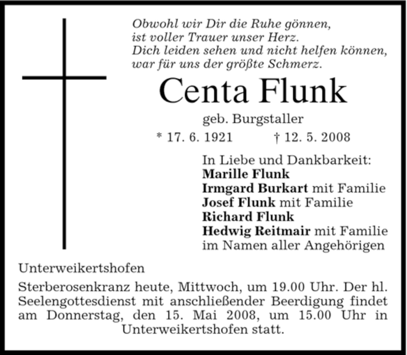  Traueranzeige für Centa Flunk vom 14.05.2008 aus HOLZKIRCHENER MERKUR