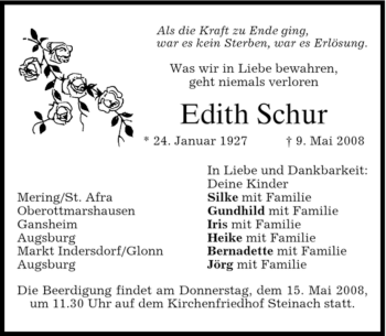 Traueranzeige von Edith Schur von HOLZKIRCHENER MERKUR