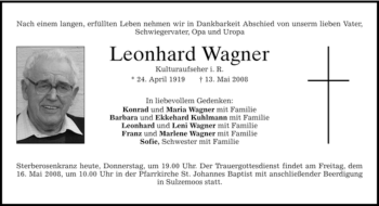 Traueranzeige von Leonhard Wagner von HOLZKIRCHENER MERKUR