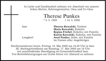 Traueranzeige von Therese Punkes von MERKUR & TZ