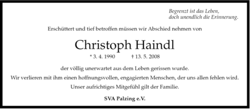  Traueranzeige für Christoph Haindl vom 17.05.2008 aus MERKUR & TZ