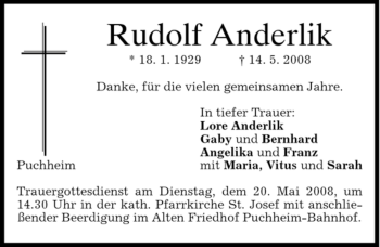 Traueranzeige von Rudolf Anderlik von MERKUR & TZ