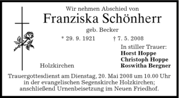 Traueranzeige von Franziska Schönherr von MERKUR & TZ