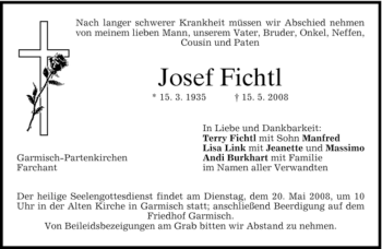 Traueranzeige von Josef Fichtl von MERKUR & TZ