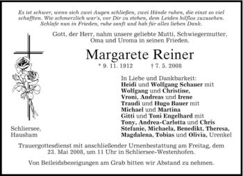 Traueranzeige von Margarete Reiner von MERKUR & TZ