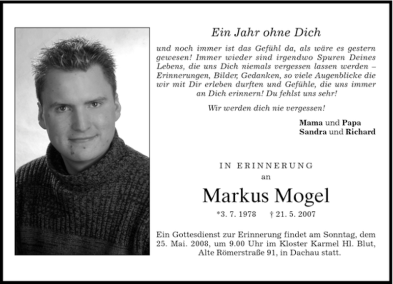  Traueranzeige für Markus Mogel vom 21.05.2008 aus HOLZKIRCHENER MERKUR