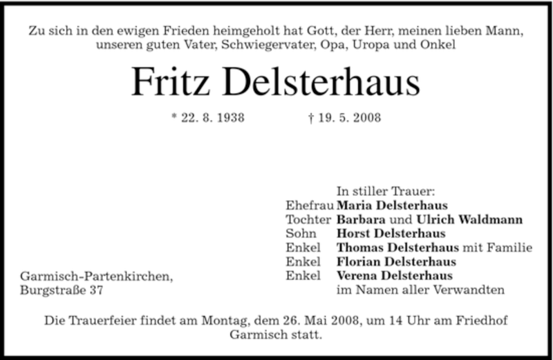 Traueranzeige für Fritz Delsterhaus vom 23.05.2008 aus MERKUR & TZ