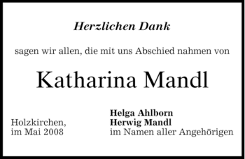 Traueranzeige von Katharina Mandl von MERKUR & TZ