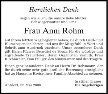 Traueranzeige von Anni Rohm von MERKUR & TZ