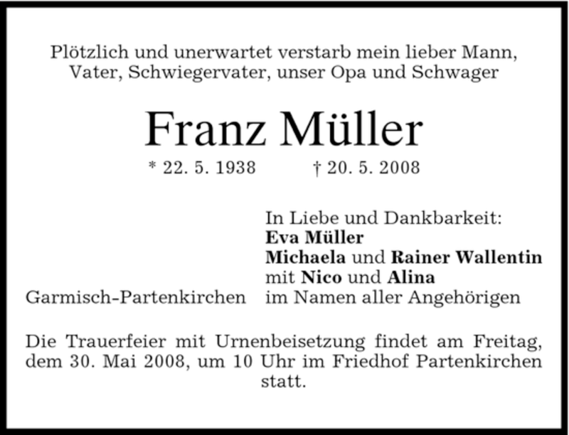  Traueranzeige für Franz Müller vom 28.05.2008 aus MERKUR & TZ