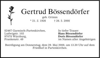 Traueranzeige von Gertrud Bössendörfer von MERKUR & TZ