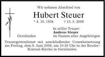 Traueranzeige von Hubert Steuer von MERKUR & TZ