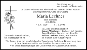 Traueranzeige von Maria Lechner von MERKUR & TZ