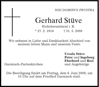 Traueranzeige von Gerhard Stüve von MERKUR & TZ