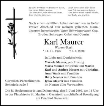 Traueranzeige von Karl Maurer von MERKUR & TZ
