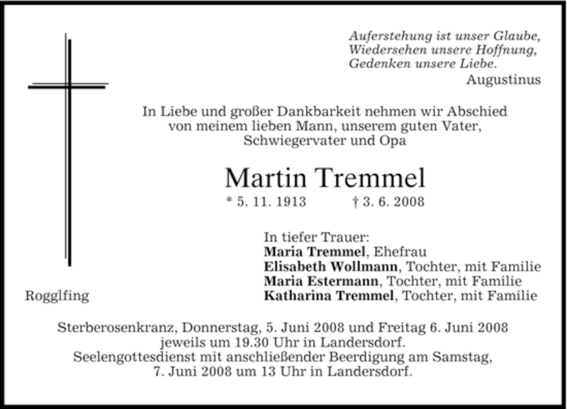 Traueranzeigen Von Martin Tremmel 