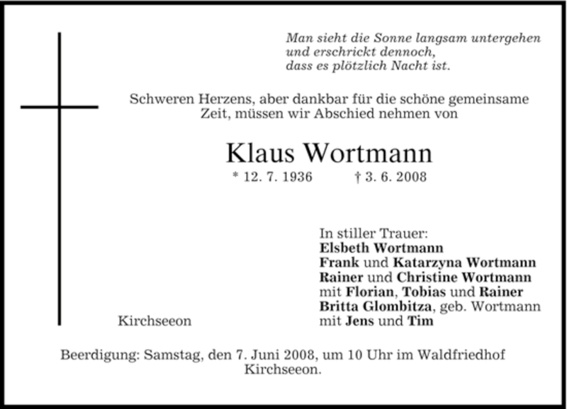  Traueranzeige für Klaus Wortmann vom 05.06.2008 aus GARMISCH-PARTENK. TAGBLATT