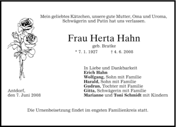 Traueranzeige von Herta Hahn von MERKUR & TZ
