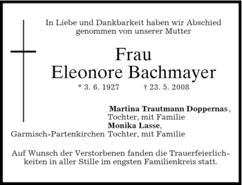 Traueranzeige von Eleonore Bachmayer von MERKUR & TZ
