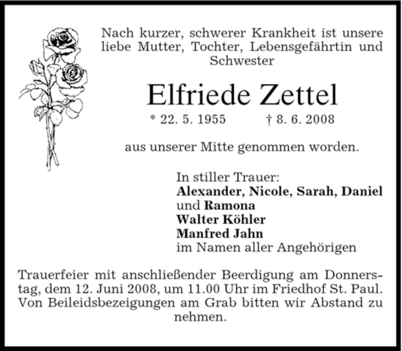  Traueranzeige für Elfriede Zettel vom 10.06.2008 aus MERKUR & TZ