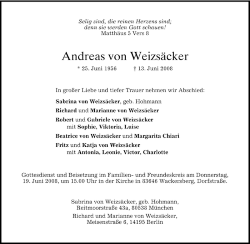  Traueranzeige für Andreas von Weizsäcker vom 16.06.2008 aus DORFENER NACHRICHTEN