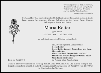 Traueranzeige von Maria Reiter von MERKUR & TZ
