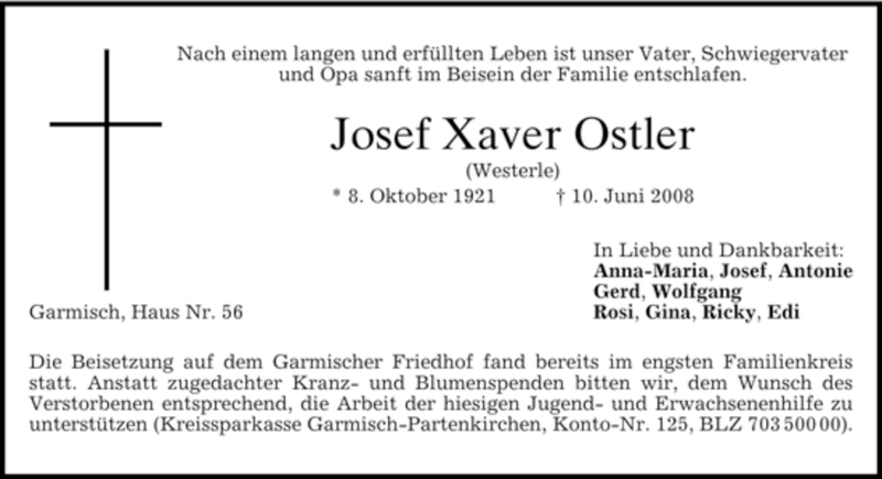  Traueranzeige für Josef Xaver Ostler vom 17.06.2008 aus MERKUR & TZ